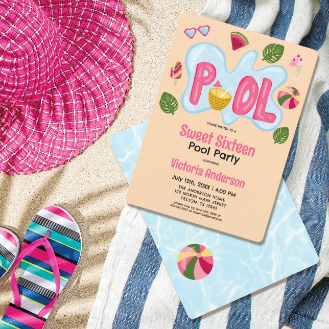 Invitation Cool Tropical Summer Pool Party Sweet 16 (Créateur téléchargé)