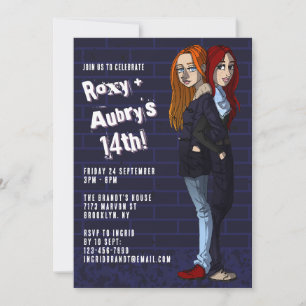 Invitation Cool Twins Cartoon Ado Girls Joint 14e anniversair
