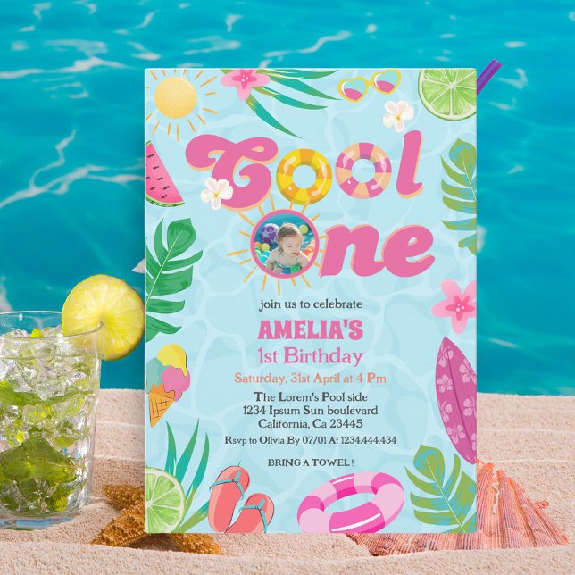 Invitation Cool une piscine tropicale été 1er anniversaire (Créateur téléchargé)