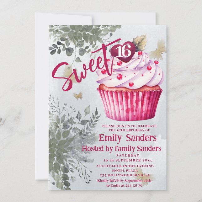 Invitation Cool vintage aquarelle verte cupcake (Devant)