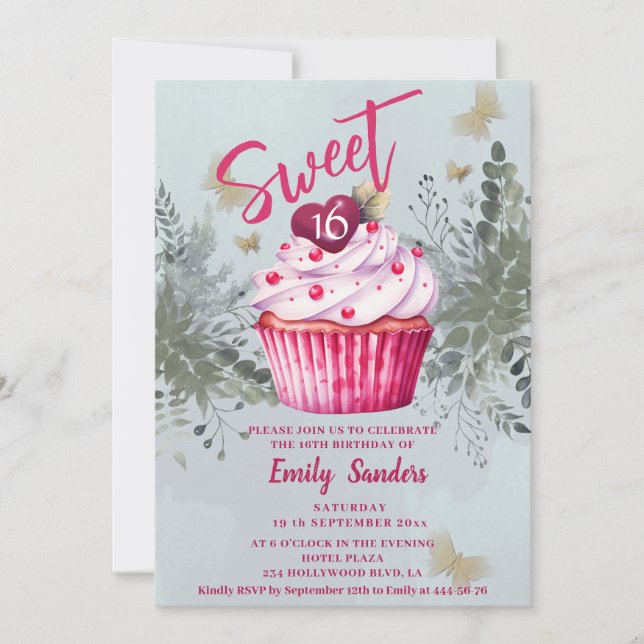 Invitation Cool vintage aquarelle verte cupcake (Devant)