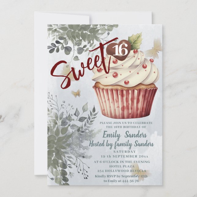 Invitation Cool vintage aquarelle verte cupcake (Devant)