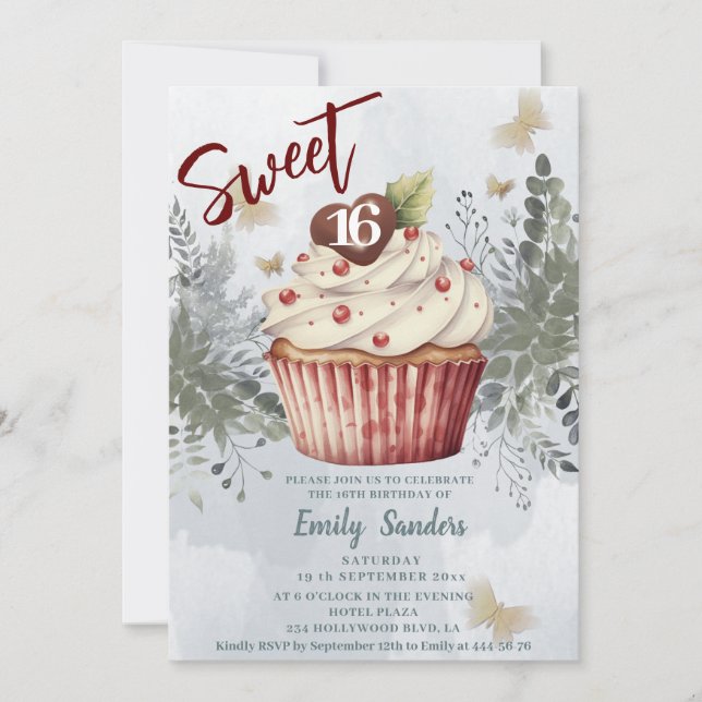 Invitation Cool vintage aquarelle verte cupcake (Devant)