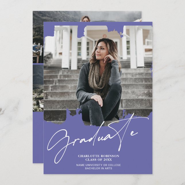 Invitation Cool violet bleu script de diplôme de deuxième cyc (Devant / Derrière)
