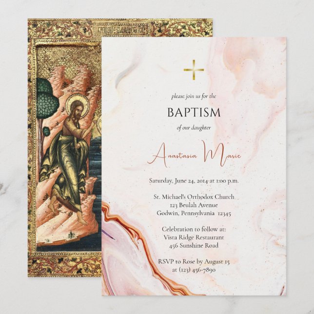 Invitation Cooper et faux marbre rose Baptême orthodoxe       (Devant / Derrière)