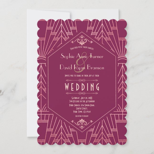 Invitation Cooper Rose Great Gatsby Mariage des années 1920 (Devant)