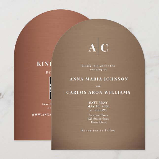 Invitation Copper Brown Arched QR Code Wedding (Devant / Derrière)