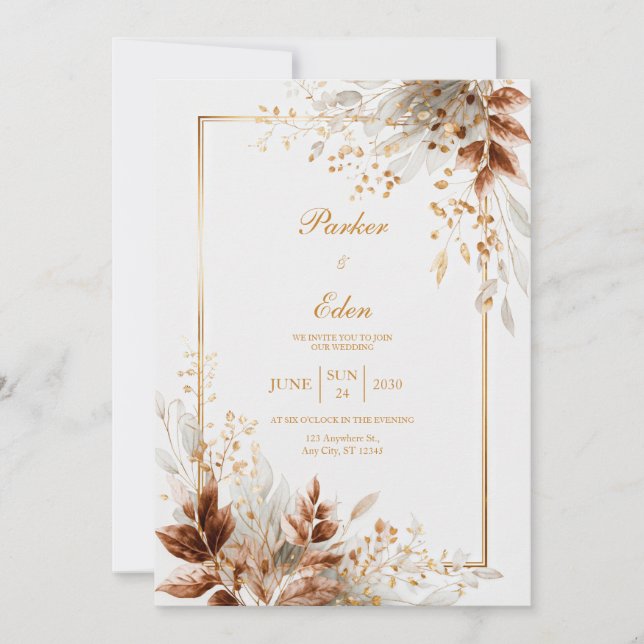 Invitation Copper Gilded Autumn Botanical Frame Wedding (Devant)