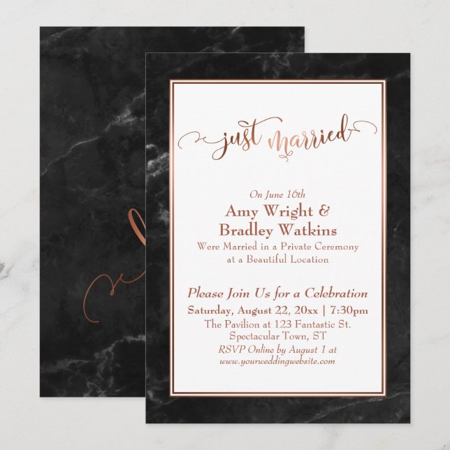 Invitation Copper Just Married Célébration sur Marbre Noir (Devant / Derrière)