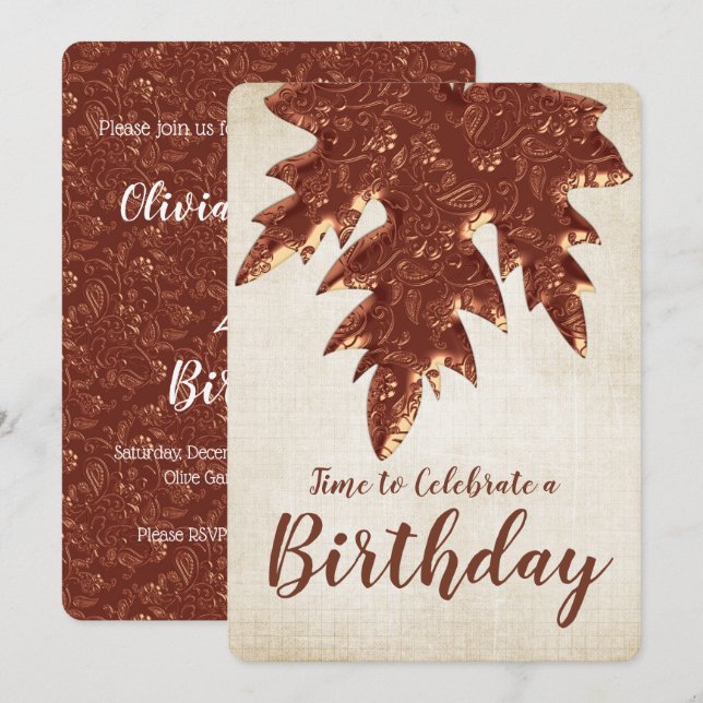 Invitation Copper Paisley automne saison Feuille Anniversaire (Devant / Derrière)
