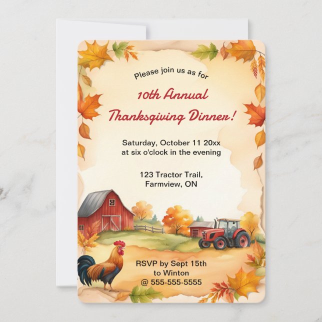 Invitation Coq de ferme d'automne modifiable Tracteur Thanksg (Devant)