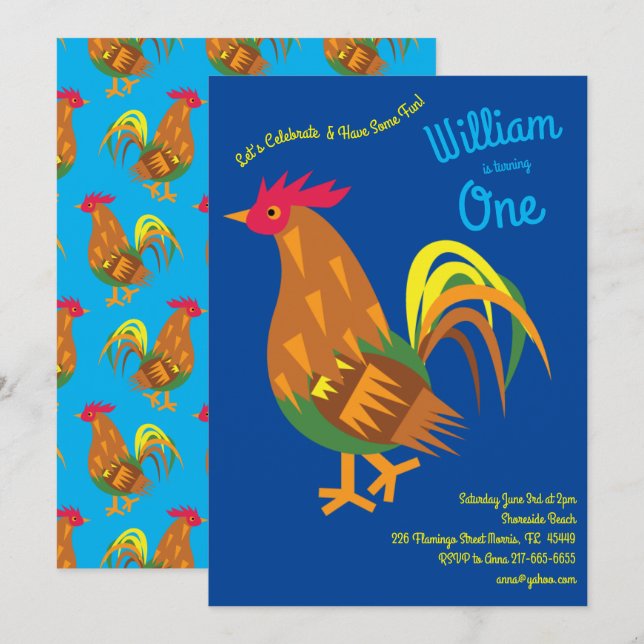 Invitation Coq de poulet mignon Enfants 1er anniversaire (Devant / Derrière)