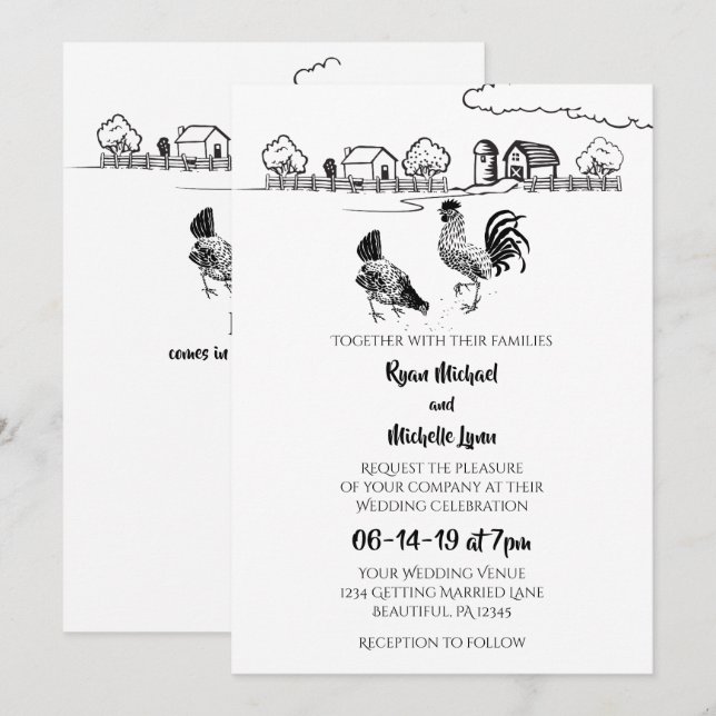 Invitation Coq De Poulets, Hen | Mariage de ferme noir, blanc (Devant / Derrière)