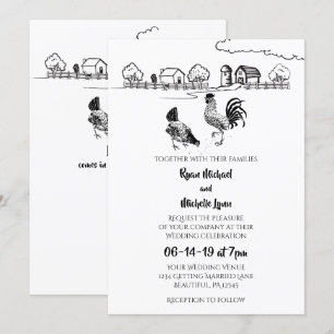 Invitation Coq De Poulets, Hen   Mariage de ferme noir, blanc