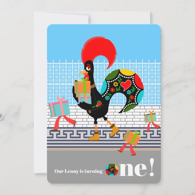 Invitation Coq portugais avec cadeaux Fête d'anniversaire 1 a (Devant)