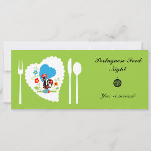Invitation Coq portugais avec pois vert clair.