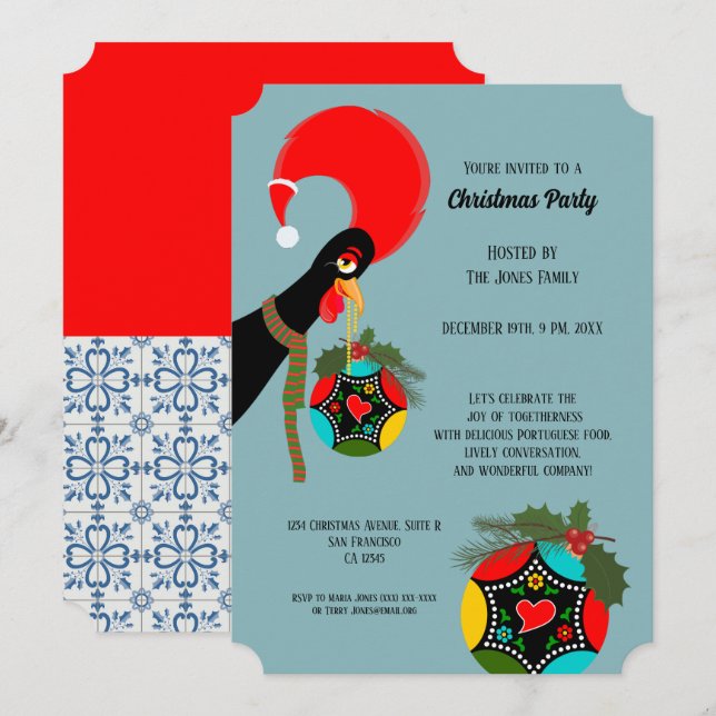 Invitation Coq Portugais boule de Noël festive (Devant / Derrière)
