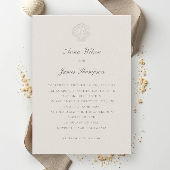Invitation Coque marine Formal Classic Ecru Mariage (nautical coastal wedding invitation modern classic formal traditional elegant shell ecru)