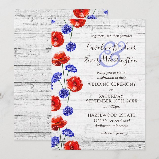 Invitation Coquelicot et Bleuet Fleur de Bois Rustique Mariag (Devant / Derrière)
