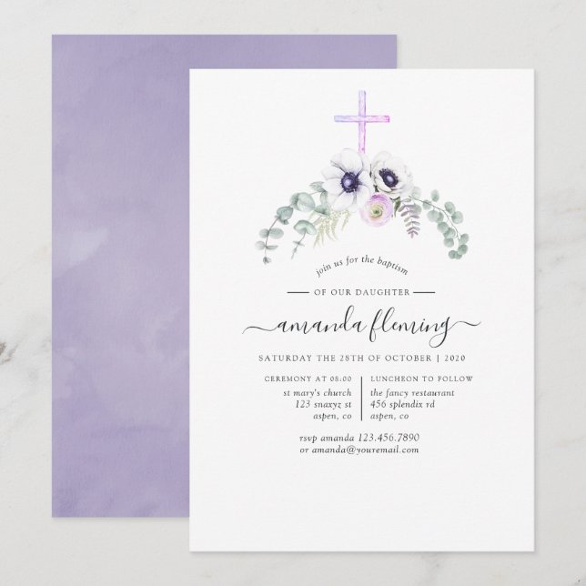 Invitation Coquelicot Violet Poussiéreux Floral Baptême (Devant / Derrière)