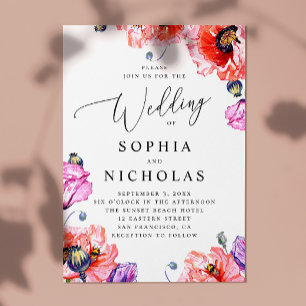 Invitation Coquelicots. Aquarelle code QR + mariage floral ro
