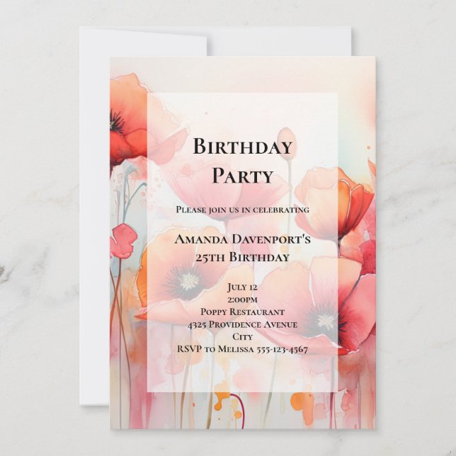Invitation Coquelicots dans un champ Aquarelle Anniversaire (Devant)