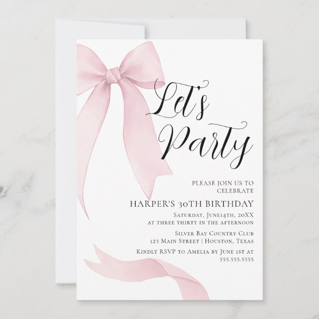 Invitation Coquete pink bow Birthday party (Devant)