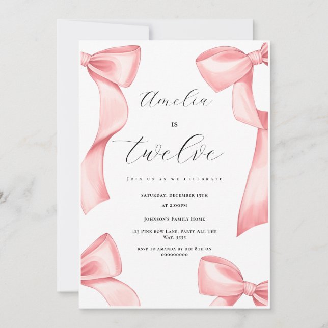 Invitation Coquette 12e anniversaire fille rose bow 13e 18e (Devant)
