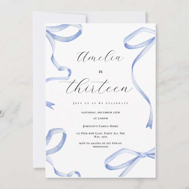 Invitation Coquette 13ème Fille Bleue Bow Élégant Ruban (Devant)