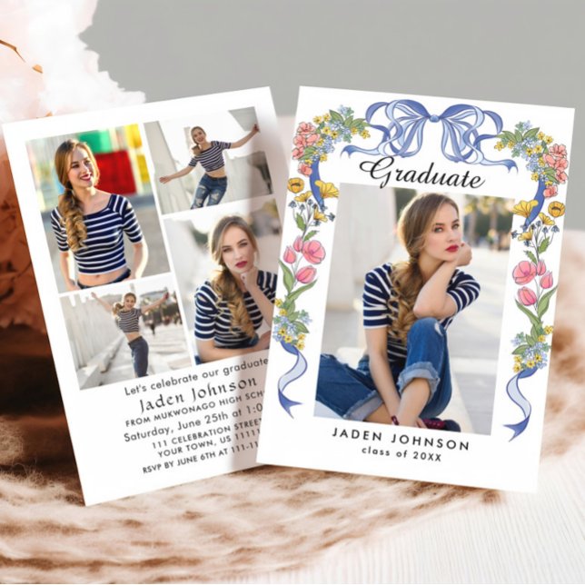 Invitation Coquette à la mode Bleue Bow 5 PHOTO Graduation Pa (Créateur téléchargé)