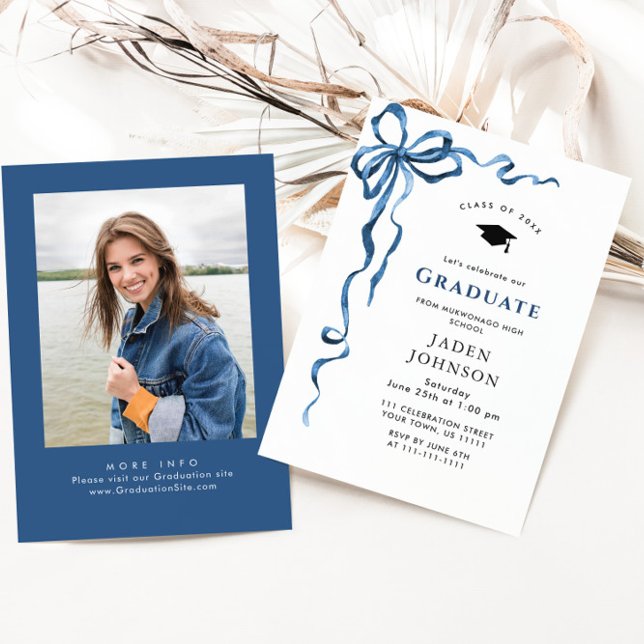 Invitation Coquette à la mode Bleue Bow Fête de graduation (Créateur téléchargé)
