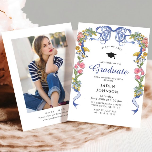 Invitation Coquette à la mode Bleue Bow Fête de graduation (Créateur téléchargé)
