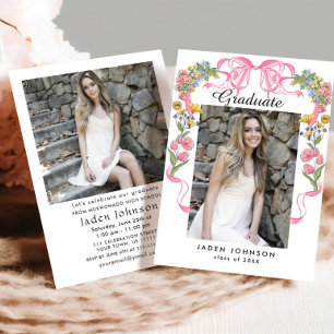 Invitation Coquette à la mode rose Bow 2 PHOTO Graduation Par