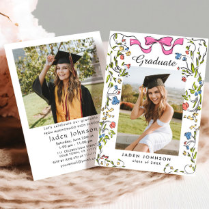 Invitation Coquette à la mode rose Bow 2 PHOTO Graduation Par