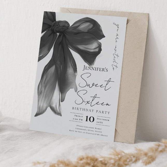 Invitation Coquette à ruban noir écriture douce fête des 16 a (Black Bow Coquette Script Sweet 16 Party Gray Invitation)