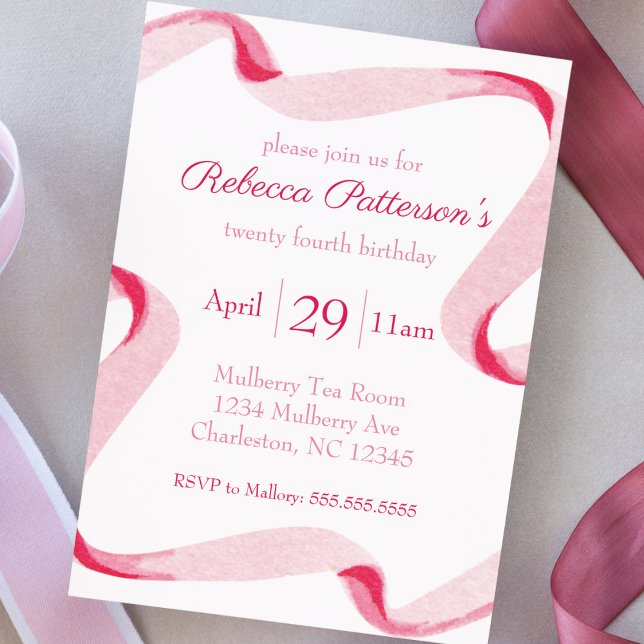 Invitation Coquette Aesthétique Pink Ribbon Feminine Annivers (coquette aesthetic birthday party invitation pink ribbon feminine girly cute party invite watercolor)