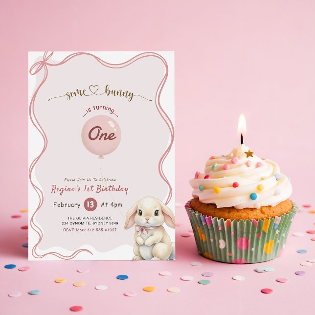 Invitation Coquette Arc-en-ciel Rose Some Bunny 1er Anniversa (Créateur téléchargé)