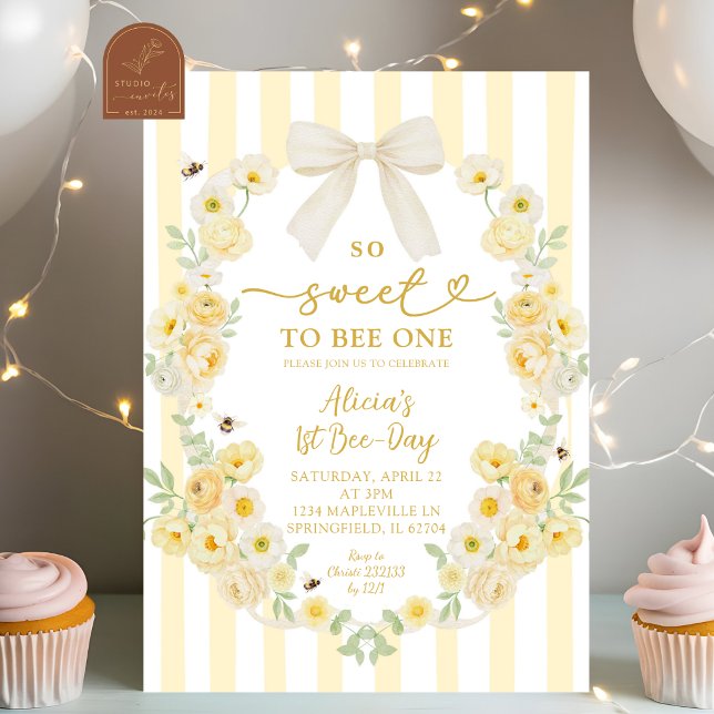 Invitation Coquette Arc Floral Abeille 1er anniver (Créateur téléchargé)