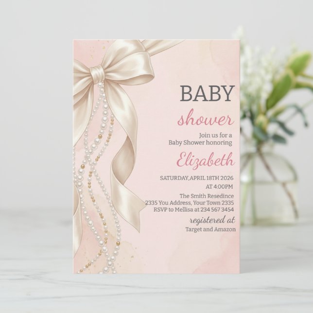 Invitation Coquette Arc Pearl Rose pour Baby Showe (Debout devant)