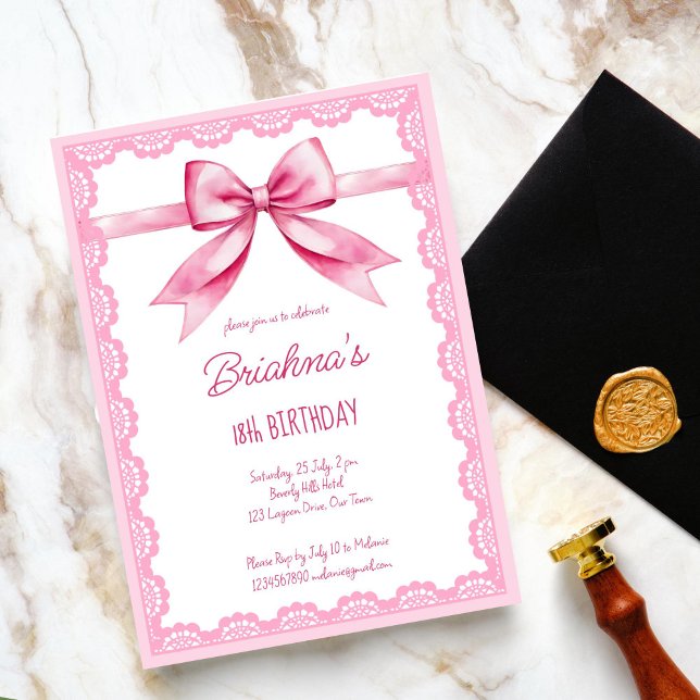 Invitation Coquette arc rose fête d'anniversaire (Pink bow coquette birthday party invitation editable template digital download vintage retro lace)