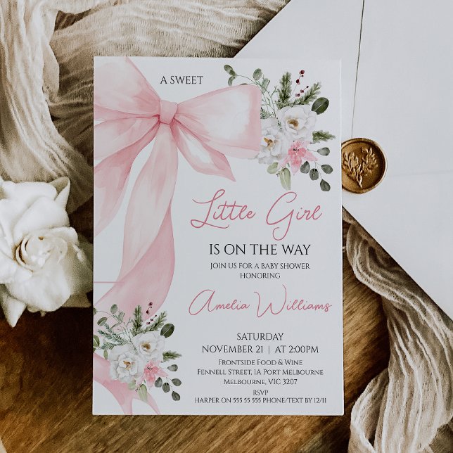Invitation Coquette Baby shower de boue de fleurs d'hiver ros (Pink Bow Baby Shower Invitation Template, Coquette Baby Shower Invitation Baby Girl,  Pink Floral)