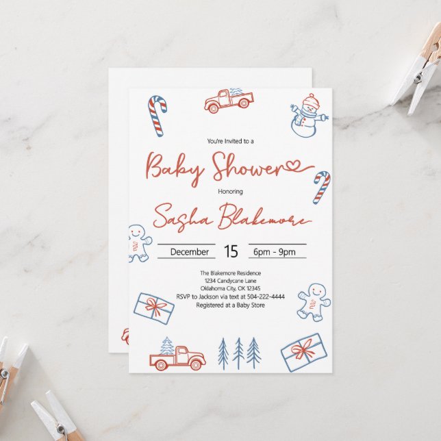Invitation Coquette Baby shower de Noël rouge et bleu rustiqu (Devant/Arrière en situation)