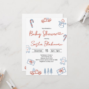 Invitation Coquette Baby shower de Noël rouge et bleu rustiqu
