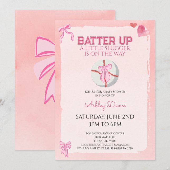 Invitation Coquette Baseball Fête de Naissance Bébé Ruban Ros (Devant / Derrière)