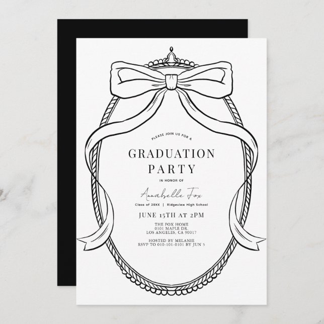 Invitation Coquette Black Bow Ribbon Frame Graduation Party (Devant / Derrière)