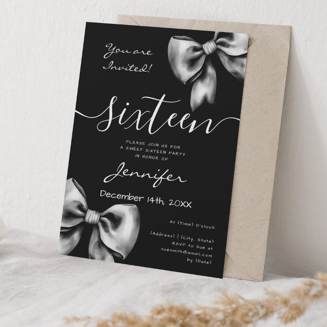 Invitation Coquette Black Bow Sweet 16 Anniversaire (Coquette Black Bow Sweet 16 Birthday Invitation)
