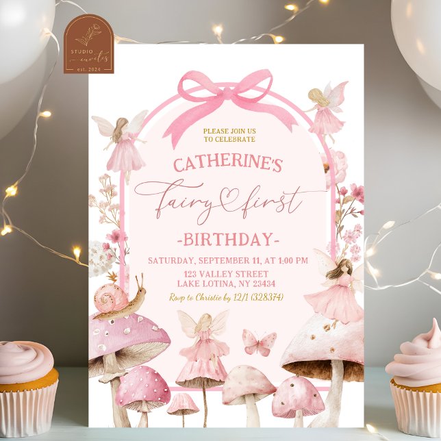 Invitation Coquette Blanc et Rose Fée Premier Anniversaire (Créateur téléchargé)
