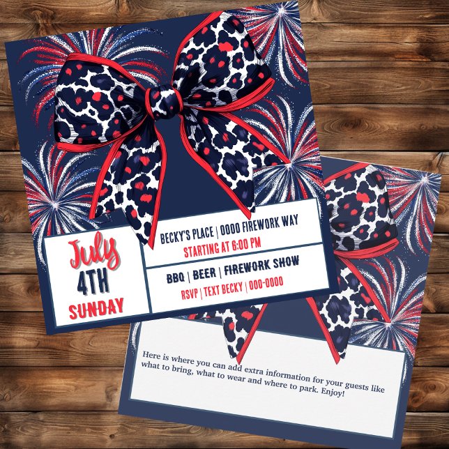 Invitation Coquette blanc rouge et bleu léopard (July 4th Independence Day Patriotic party invitation you can customize on both sides
)