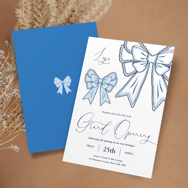 Invitation Coquette Bleue Vend Élégante Grand Ouverture (Ekegant dusty blue coquette bows business grand opening invitation)