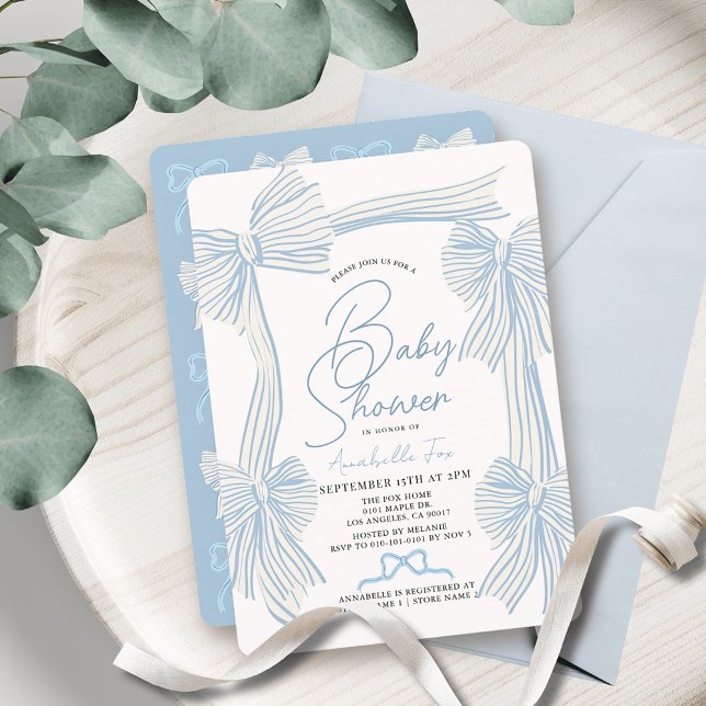 Invitation Coquette Blue Bow/Ribbon Boy Baby shower (Créateur téléchargé)